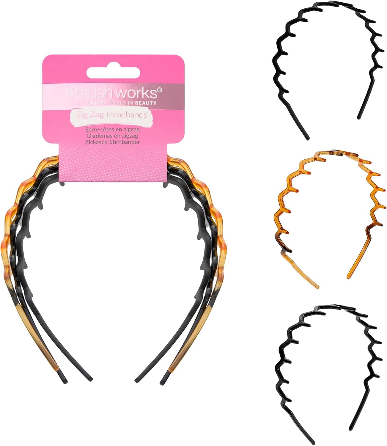 Brushworks Zig-Zag Headband 3-Pack – Retro-Modern Hair Accessory (Shiny Black, Matte Black, Tortoise) – Durable, Comfortable Grip