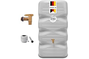 GARANTIA CUBUS Regentonne Komplett-Set 340L Betongrau – Gartentank mit Auslaufhahn + Fallrohranschluss – Dekorativer Wandtank/Wassertank für Garten – Frostsicherer Regenwassertank/Regenwassertonne