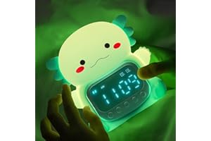 YILIAW Axolotl Alarm Clock with Night Light for Kids, 7 RGB Color Cute Alarm Clocks for Bedrooms Ok to Wake Clocks, Silicone Animal Tabletop Lamp for Teen Girls Boys, Green