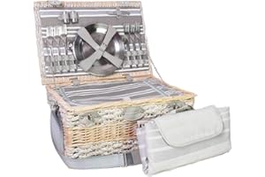 Les Jardins de la Comtesse - Panier Pique Nique 6 Personnes Versailles - Tissu à Rayures Grises et Blanches - Panier Picnic Vendu avec Vaisselle et sa Nappe - Compartiment Isotherme - 50 x 35 x 26 cm