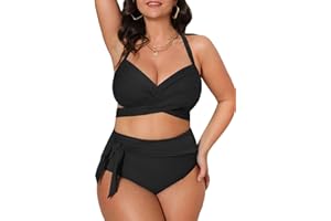 CUPSHE Damski strój kąpielowy plus size zestaw bikini z wysokim stanem owinięty przód wiązany tył wiązany dół