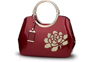 NICOLE & DORIS NICOLE&DORIS Sac à Main Vernis Femme Sac Pochette Bandoulière Sac Soiree Elegant Sac à Main Porté Epaule Impermeable Sac Crossbody Portefeuille Vin Rouge Fleur