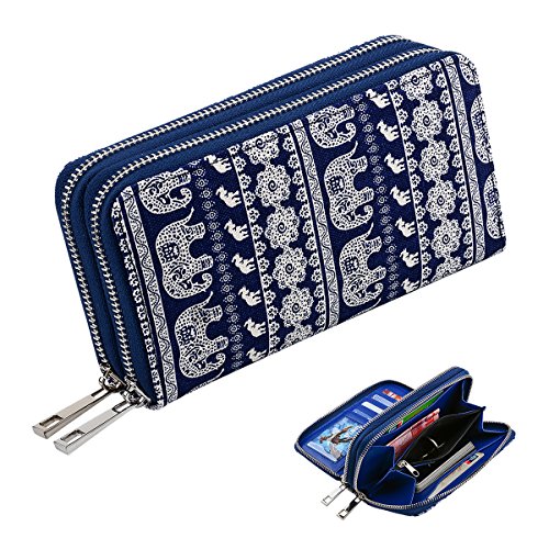 Te-Rich Double Zipper Wallet Phone case Canvas Coin Purse Clutch Bag Elephant Pattern Card Holder with Mobile Phone Holder Sucker Cup And Coin Pocket