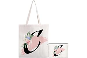 INTEDESIGN Floral Initial Tote Bag,Floral Initial Canvas Bag Canvas Tote Bag Canvas Bags for Women,Personalized Present Bag Beach Tote Bags for Women Bridesmaid Hen Party