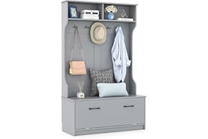 COSTWAY Coat Rack with Shoe Storage, Freestanding Hall Tree Coat Stand with 5 Double Hooks, 2 Shelves and Shoe Bench, Entryway Hallway Storage Unit Clothes Hanger Stand Organiser, 100x40x160cm (Grey)
