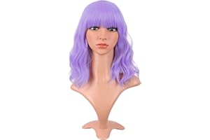 MapofBeauty 14 Pulgada/35 cm Corto Wavy Bob Pelucas Con Flequillo Shoulder Largo Rizo Pelucas Flat Bang Cabello Sintética Fiesta Peluca (Ligero Púrpura)