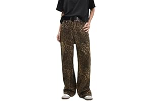GOZYLA Leopardenhose, Hellbraune Leoparden Damen Jeans mit Weitem Bein Barrel Taille Mittlere Taille Jeanshose Y2k Baggy Boyfriend Jeans mit Taschen Streetwear