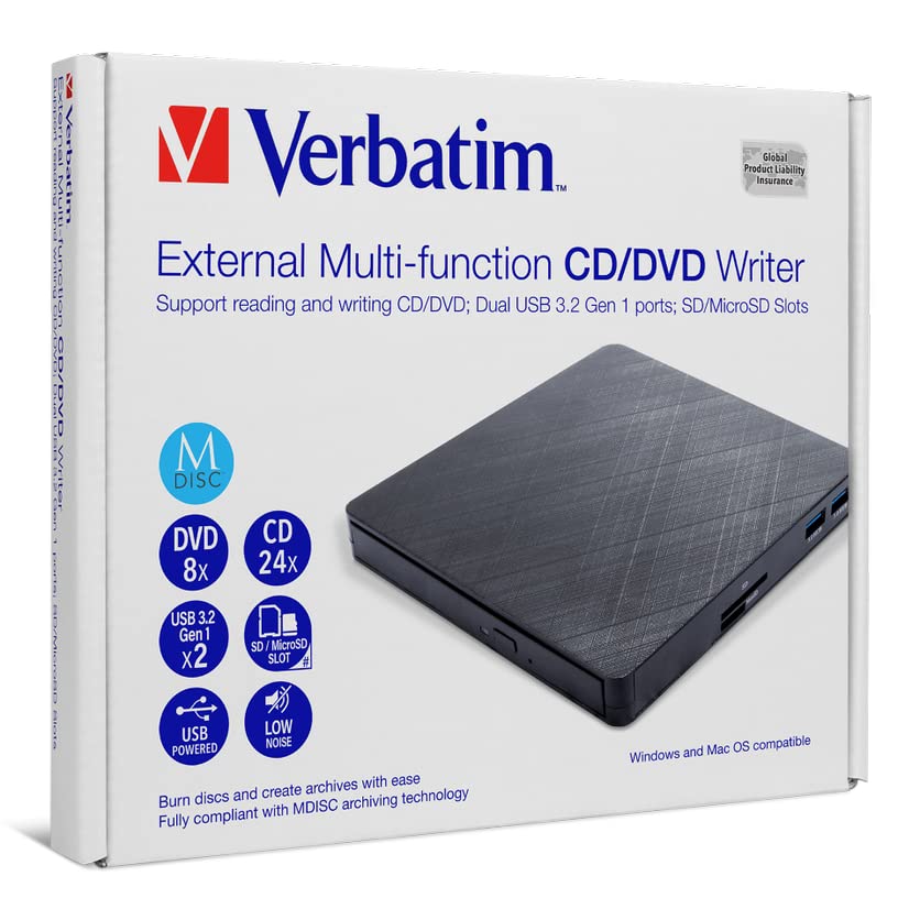 Verbatim External Mobile Multi-Function CD/DVD Writer,USB 3.2 Gen1