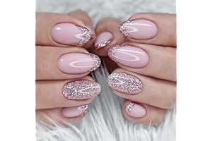 JUSTOTRY 24 Stück Rosa Glitzer Mandel Nägel Zum Aufkleben Kurz,Pink French Press on Nails,Hübsch Oval Kunstnägel Fake Nails Mittel mit Kleber,Fingernägel Künstliche Nägel für Frauen