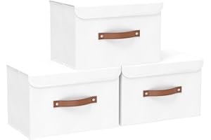 Yawinhe 3 Pcs Cajas de Almacenamiento con Tapa, Organizadoras de Tela, Almacenaj Ropa, para Dormitorios, Blanco, 38x25x25cm, SNK018WL