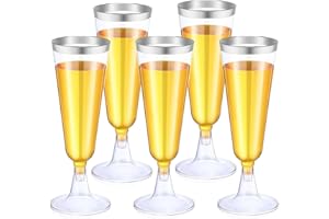 LATERN 50 Pezzi Riutilizzabili Flute da Champagne con Bordo in Argentato, 150ml Bicchieri da Champagne in Plastica Bicchieri da Vino con Gambo per Anniversario Matrimonio Giardino Feste (5,5 x 16,5cm)