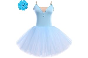 Odizli Ballettkleidung Damen Spaghettiträger Tanzbody Tütü Tüllrock Ballettkleid+Haarspange Tanzkleid
