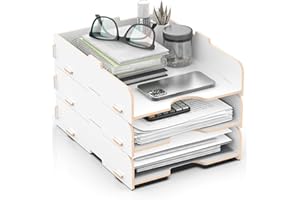 Lesfit Letter/File Tray, wooden Document Tray, Desk Organiser, A4 Format, 3 Layers stackable, White