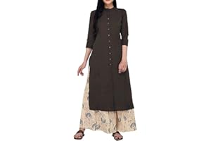 Ladyline Damen Pure Cotton Plain Tunika Top Front Slit 3/4 Ärmel Roll-up Chinesische Hals Knöpfe Unten Tasche Lange Kurti Kurta