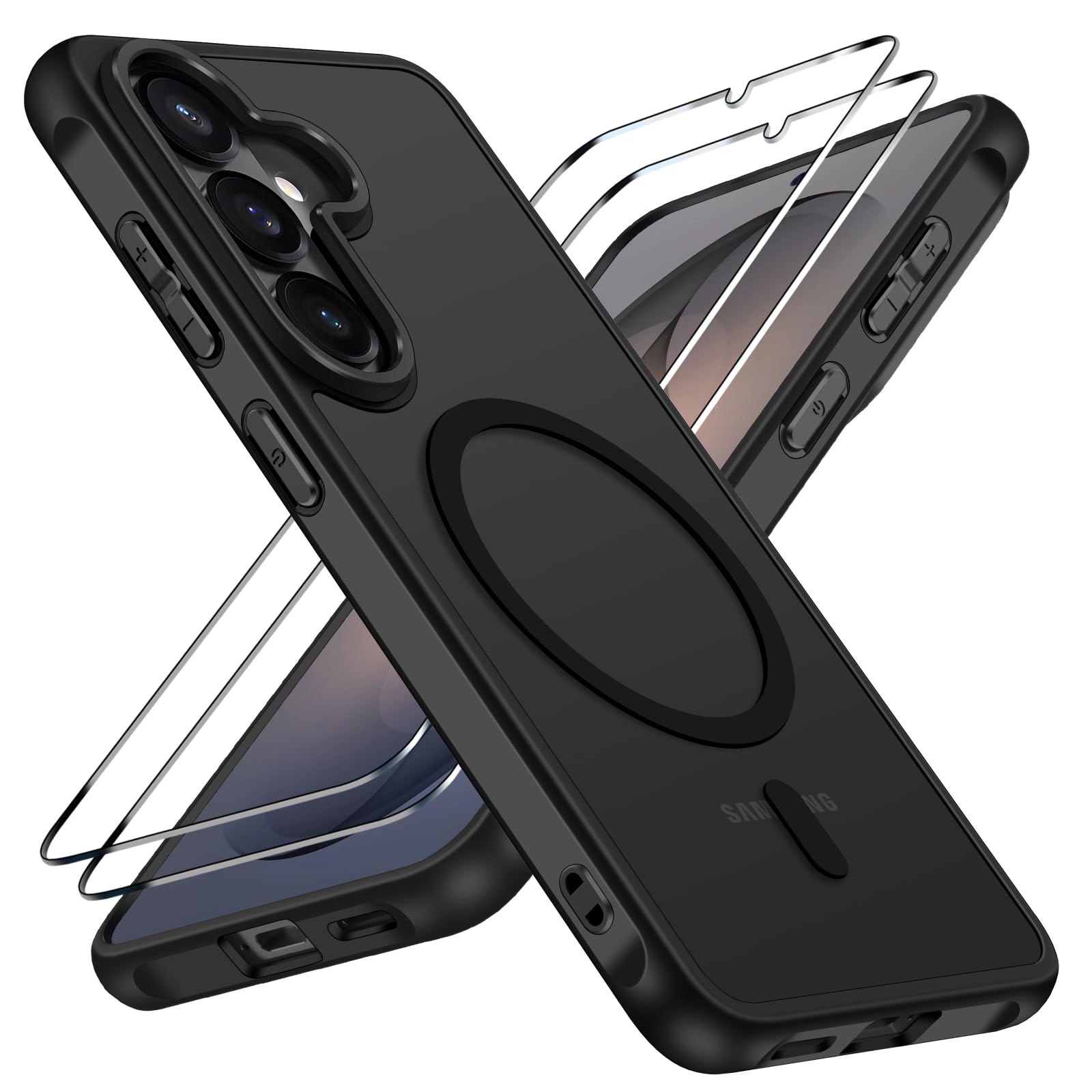 ivoler Funda Magnética para Samsung Galaxy S26 con 2 Piezas Cristal Templado, Compatible con MagSafe, Antigolpes Translúcida Mate Trasera Fina Silicona Anti-Choques Case, Negro