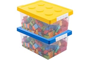 Greentainer Toy Storage Organizer Bins with Lid - Stackable Plastic Box Set of 2, Kids Chests Compatible Building Baseplate and Lid, Container for Bricks & Toys, Blue