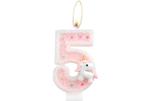 MCISKIN Pink Unicorn Birthday Candle, Number 5 Happy Birthday Cake Decorative, Glittering Party Candle for Girls, Children's Day, School Activities, Family Gathering