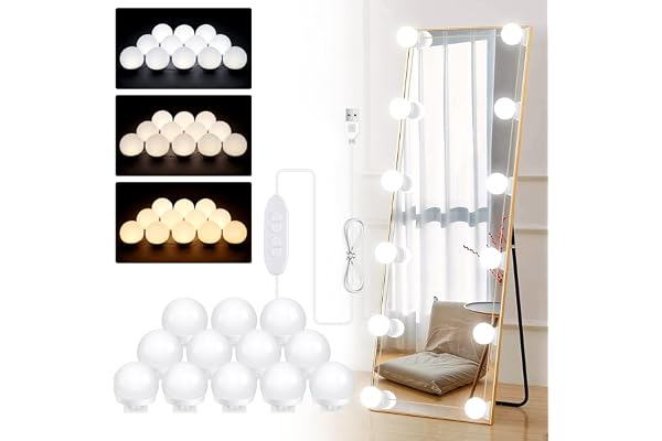 Natseekgo Lumière de Miroir, 12 Ampoules Hollywood Kit de Lumière LED Dimmable Lampe pour Cosmétique Salle de Bain 3 Couleurs 10 Niveaux de Luminosité (Miroir Non Inclus)