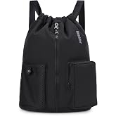 WANDF Drawstring Backpack, Sports Bag with Shoe Compartment, Waterproof, Beach Bag, Swimming Bag for Men and Women, Black/Whi