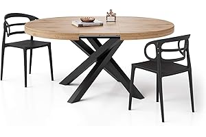MOBILI FIVER, Mesa Redonda Extensible Emma 120-160 cm en Color Madera rústica con Patas Cruzadas Negras, para 4-6 Personas, Mesa Extensible de Comedor, Mesa Cocina, Salon, Made In Italy