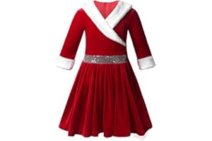 inlzdz Kids Girls Christmas Mrs. Claus Dress Holiday Party Elf Costume Velvet Long Sleeve Clown Collar Pom Pom Trim Dance Dress