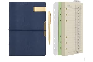 Wonderpool Quaderno e penna in carta a righe con quaderno in pelle - Diario a spirale con 6 raccoglitori ad anelli ricaricabili con quaderni a righe Copertina(b-Blu, A6)