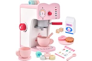 Atoylink Machine a Cafe Enfant Ensemble de Cafetière Jouet en Bois Cuisine en Bois Enfant 18pcs Jeu de Rôle Imaginatif Jeu d'Imitation Cadeau d'anniversaire de Noël pour Enfants Filles 3 4 5 6 Ans