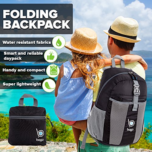 Bago Foldable Black Rucksack for Women and Men. Lightweight Packable Backpack , Great Unisex for Girls & Boys , For Travel School & Sports 25l Black