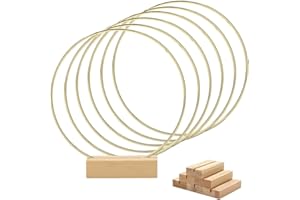 Worown 6 Piezas Aros de Metal 20cm, Anillo Metalicos Oro con 6 Soportes de Madera Natural, Aros para Centro de Mesa pare Bodas, Fiestas, Banquetes, Eventos