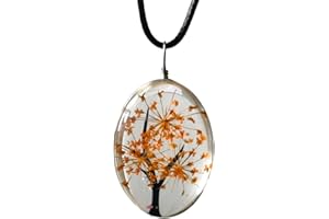 ZEN&TAO Oval Transparent Dried Flowers Pendant Women Necklace with Black Cord Chain Gift for All Occassions
