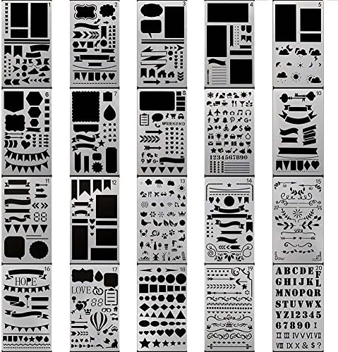 Stuffnew 20 Pieces Glass Etching Journal Painting Template Stencil with Different Patterns Letters Stencil Scrapbooking Decompression DIY Craft Halloween Christmas Gift (1)