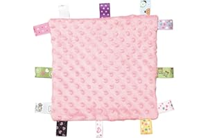 VNDKGN Taggy Blanket,Cotton Taggies for Babies Baby Comforter Tag Blanket,With Colorful Satin Ribbon Tags Security Soft Touch Soothing Plush Soft Breathable Senses for Infant Boy Girl Newborn Gift (Pink)