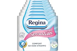 Regina Sensation Extra - 28 Rotoli di Carta Igienica, 170 Soffici Fogli a 4 Veli, Comfort ad Ogni Strappo, Confezione con il 60% di Plastica Riciclata, Carta 100% Certificata FSC