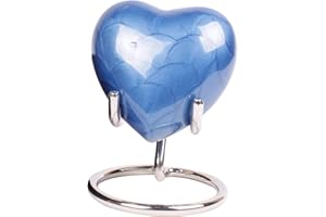 URNSWITHLOVE Mała pamiątkowa urna kremacyjna w kształcie serca na prochy z nową ulepszoną pokrywką, mini urna pamiątkowa z pudełkiem i stojakiem (niebieskie aluminium)