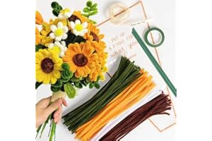HANCHENG Set di 150 pulitori per pipa a forma di girasole, colorati con 4 colori (marrone, giallo oro, bianco, verde foglia), 8 fili verdi per bricolage, carta regalo, nastro da regalo, nastro adesivo