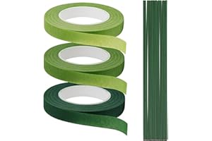 CANCYCC 3 Rollen Floristenband mit 100 Stück Grün Blumendraht, 12 mm Floristik Kreppband, Selbstklebend Blumenband Floristikdraht für Blumenstrauß Stiel Verpacken und Blumenhandwerk 27m/Rolle