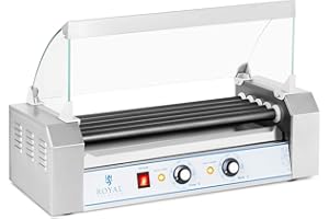 Royal Catering Máquina Asador de perritos calientes RCHG-5T (5 Rodillos, 8 Salchichas, 1000 W, 230 V, 2 Zonas calentadoras individuales, 26 x 58,5 x 37,5 cm, Recubrimiento: teflón)