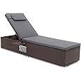 COSTWAY Rattan Sun Lounger, 6-Level Adjustable Garden Chaise Lounge Chair Deck Sunbed with Cushion, Headrest and Folding Table, Outdoor Wicker Reclining Chair for Patio Balcony Pool, Grey+Mixed Brown