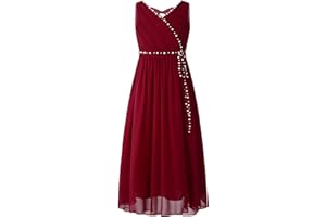 IEFIEL Robe de Soirée Enfant Filles V Cou Perles Robe de Mariage Cérémonie Jupe en Couches Trapèze Robe Princesse Spectacles 4-16 Ans