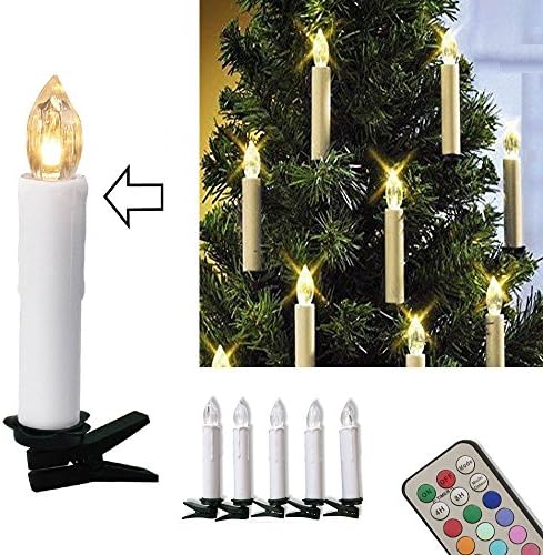 10 Battery Powered Remote Control LED Christmas Tree Taper Candles with Clip, Pack of 10, Multicolor