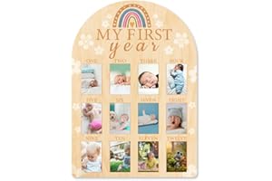 ORIGACH Tableau en bois « My First Year » – Cadre photo pour 12 mois de nouveau-né – Décorations de 1er anniversaire de bébé pour garçon et fille – Motif arc-en-ciel et fleur