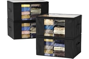FORCANBY Clothes Storage Bags, Foldable Thick Fabric Blanket Storage Boxs, Large Clear Window with Reinforced Handle, Great for Clothes, Blankets, Closets, Pillows, Toys (Black, 4Pack)