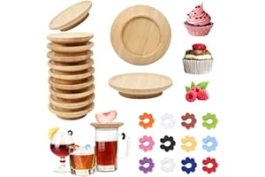 HWSWSH 10 Pcs Tapa de Copa de Vino de Bambú 10cm + 12 pcs marcadores de Copa de Vino Marcador Vasos Silicona Tapa Copa Vino Elegante Adorno para Copas Vasos de Vino Tazas Detalles en la mesa Fiesta