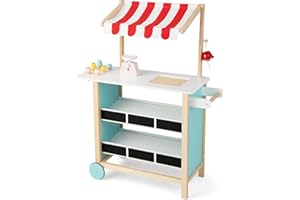 GYMAX Wooden Ice Cream Cart, Kids Pretend Play Grocery Store with 2 Wheels, Display Shelves, Scale, Bell & 6 Simulated Ice Creams, Dessert Toy Shop for 3 Year Old + Girls Boys (Red+Green)