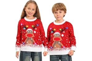 Kouric Pull Moche de Noel Fille Garçon Lumineux,Pull Noël Famille Drole LED,Unisexe Pulls Noel Enfant Ado Cerf,Christmas Sweatshirts Hiver Chaud Col Rond,Clignotant Manche Longue Outwear Âge 4-13