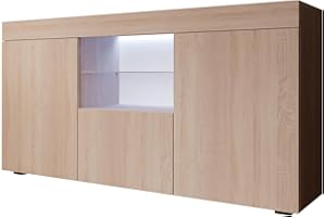 MB Muebles Bonitos, Credenza Soggiorno Stile Moderno Sefora, Melamina Lucida, LED, Sonoma, 135x72x34cm
