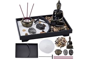 WEBEEDY Kit de Jardin Zen DIY Japonais pour Méditation de Bureau Incluant Statue de Bouddha Brûleur D'Encens Sable Pierres et Râteau pour la Décoration Zen du Bureau à Domicile 22.5x15cm