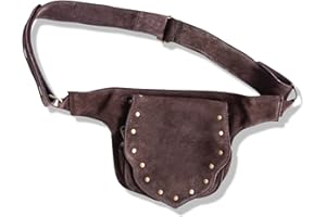 EARTH CULTURED Leather Festival Belt | Studded Satchel, 2 Pocket Suede | travel, festivals, fanny pack, cosplay, Brown, Adjustable 26" to 48″ around