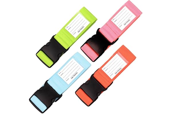 OW-Travel Bagagerem Luggage Strap för Resväskor, Justerbar 4 St. i 4 Färger | Bagageband med ID-etiketter, band resväska resetillbehör som gör bagaget lätt att upptäcka och säkrar väskor under resan