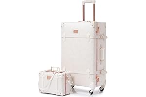 urecity Retro Suitcase 2Set Trolley Suitcase Set Handmade Suitcase Fashionable Women's Luggage 4Wheel Leather Suitcase (Rose White, S(12")+L(26"))